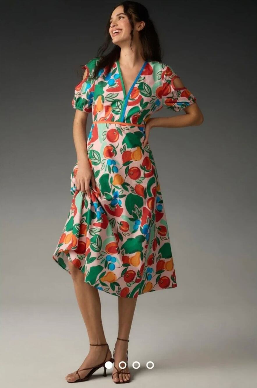 Farm Rio x Anthropologie Short-Sleeve V-Neck Cutout Midi Dress Sz M